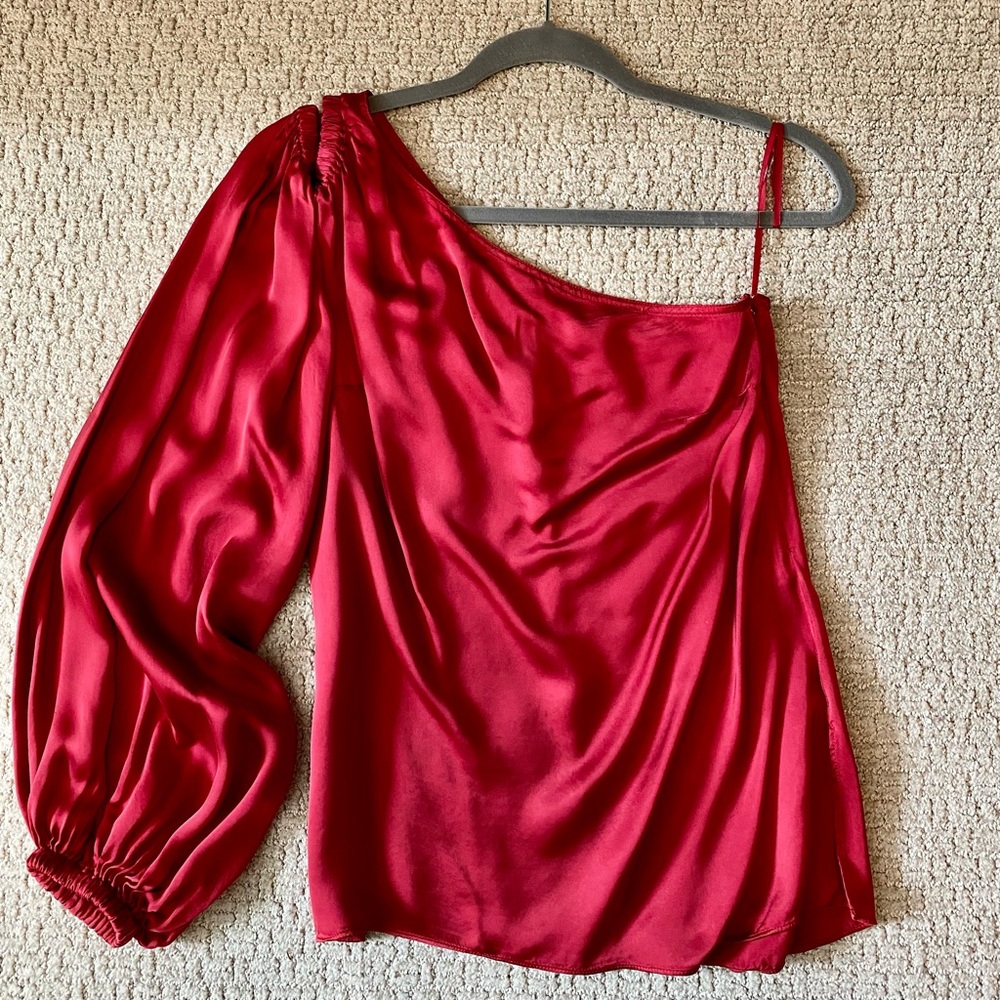 Red Long Sleeve Silk Blouse or Evening Top, One Shoulder, 2, Elizabeth and James